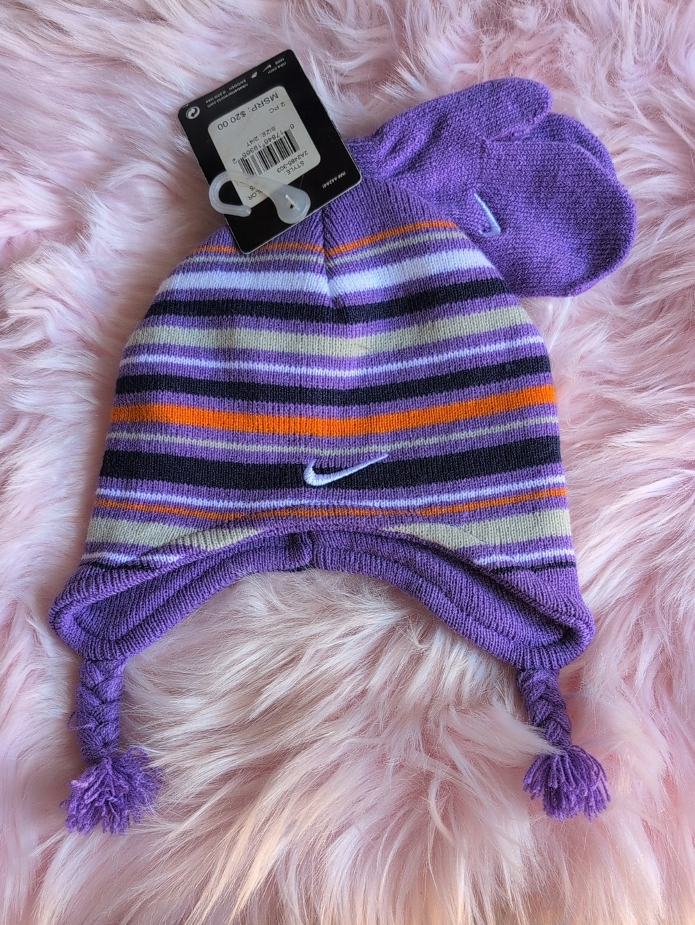 Nike Purple Striped Earflap Beanie with Matching Mittens